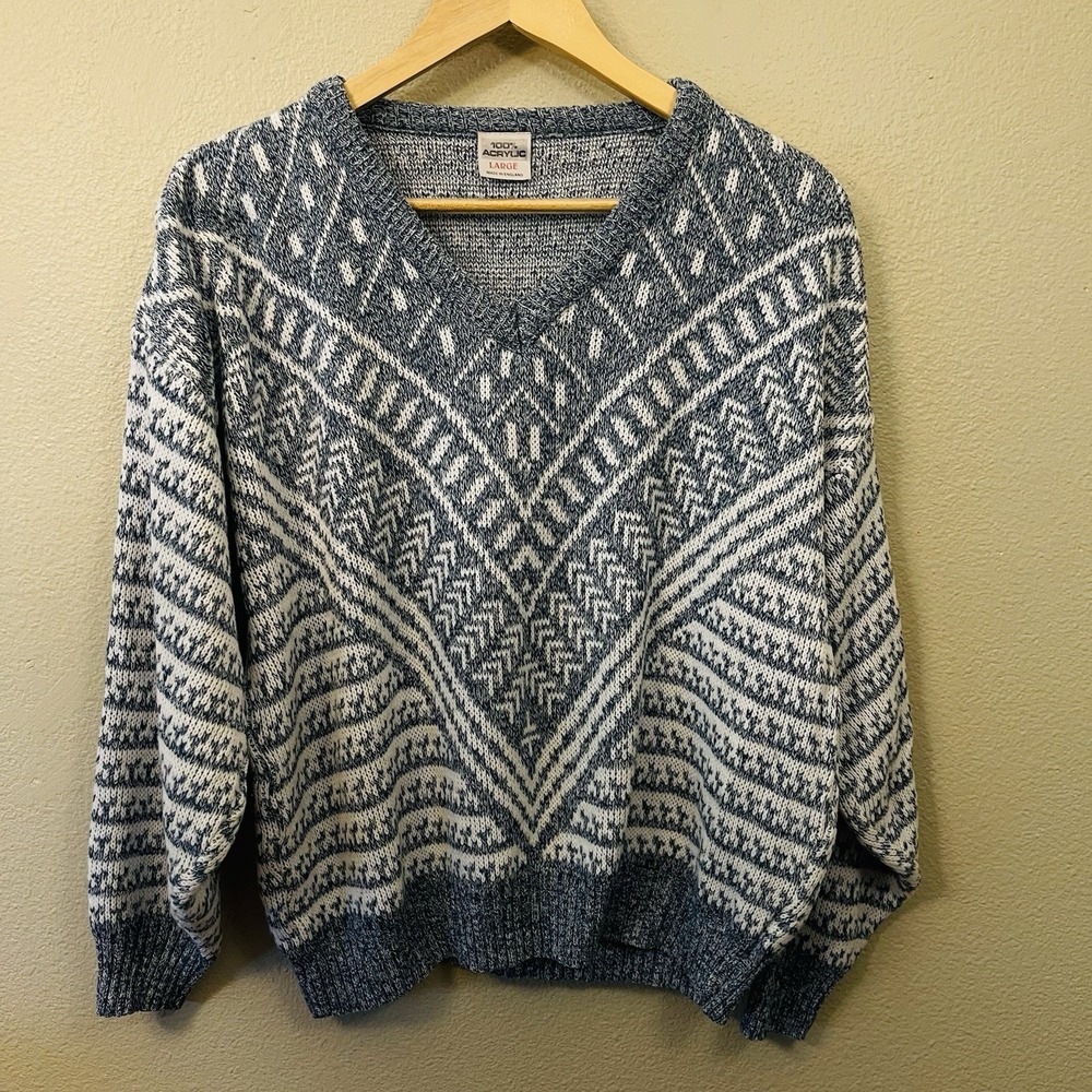 Vintage V-neck Knit‎ Sweater White Blue Nautical Costal Women's/ Unisex? Sz L